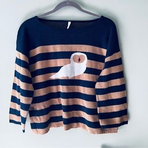 Teaberry & Weave owl 3/4 sleeve navy & tan striped sweater large